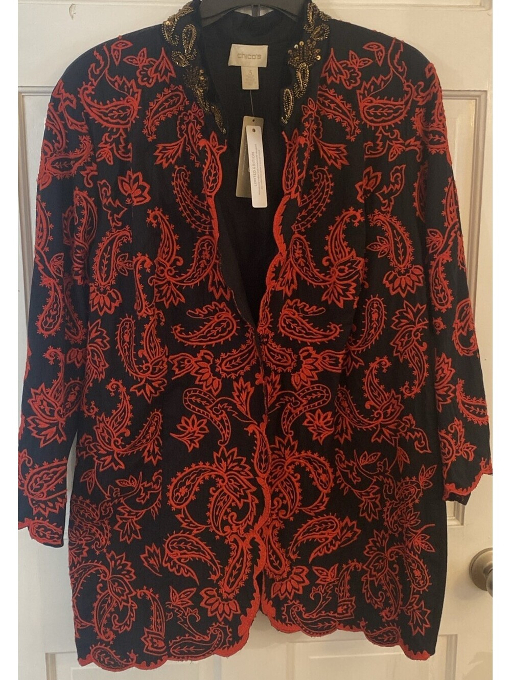 NWT Chico's Embroidered Paisley Bling Black Red & Gold Sequin Collar 3-XL